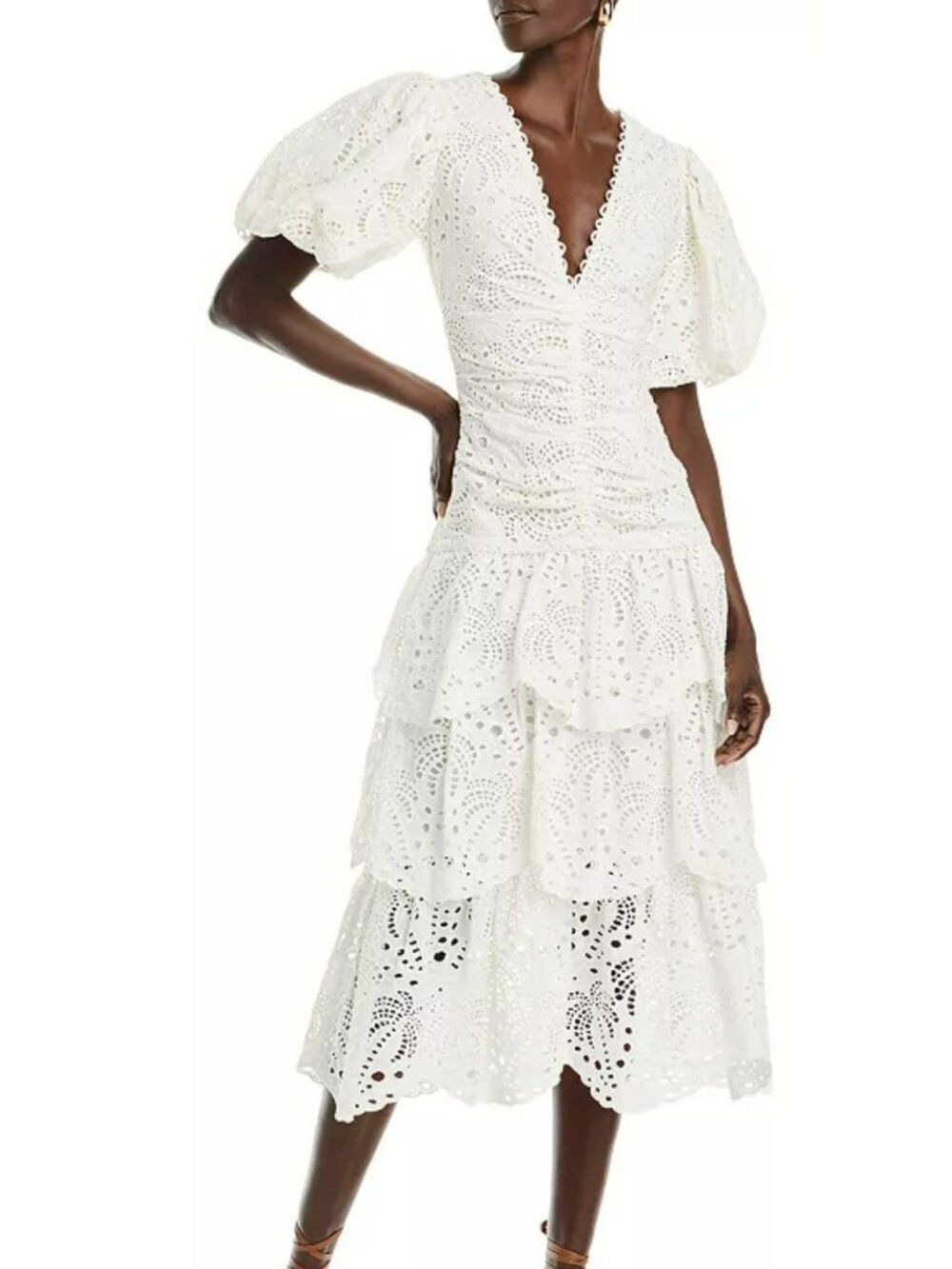$345 Farm Rio White Eyelet Puffed Sleeve Midi Dress Large NWT